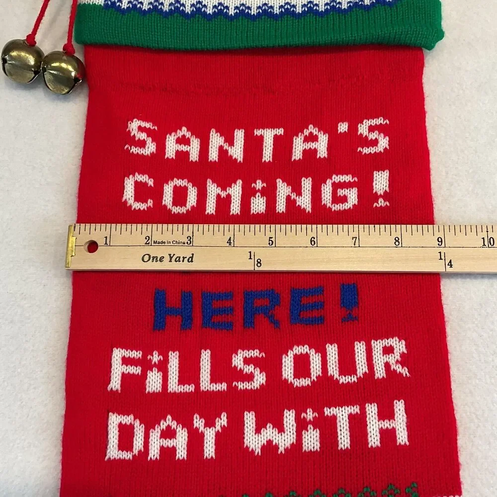 Kurt Adler Christmas Stocking Santa’s Coming Knitted Knit Oversized Taiwan Bells